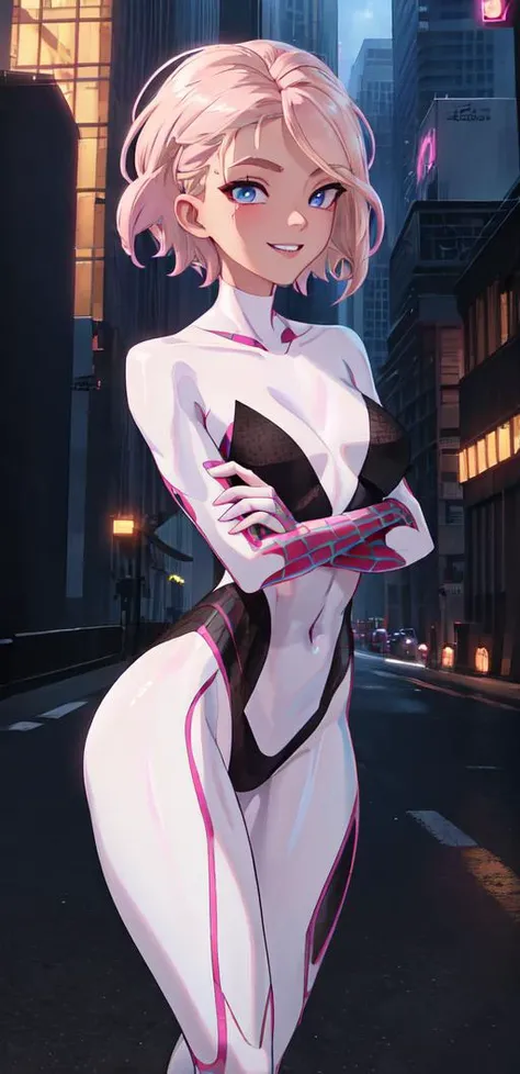 (masterpiece, best quality:1.2),extremely intricate, 1girl, solo, solo focus, face focus, detailed eyes, deep eyes, mature female, side cut, looking at viewer, pink hair, close up, eyebrow piercing detailed background, night, city, rooftop, gwen stacy, blo...