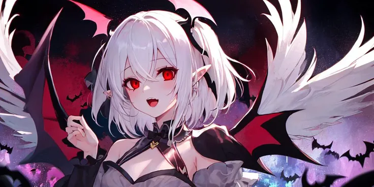 1girl,red eyes,solo,wings,pointy ears,bat (animal),short hair,vampire,colored skin,detached sleeves,looking at viewer,colored sclera,twintails,white hair,hair between eyes,bat wings,bare shoulders,bow,night,two side up,open mouth,