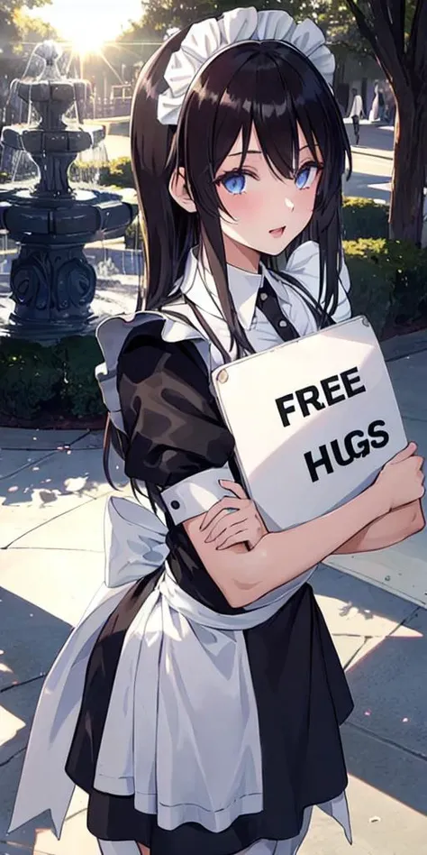 (beautiful maid 1girl holding placard that says Free Hugs:1.4), park fountain, detailed shining eyes, sun lighting, [anime]