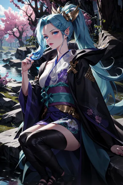 absurdres, best quality, 1girl, solo, looking at viewer, eye focus, <lyco:GoodHands-beta2:1.0>,   <lora:spirit_blossom_vayne:0.8>, spirit blossom vayne, kimono, hair ornament, blue hair