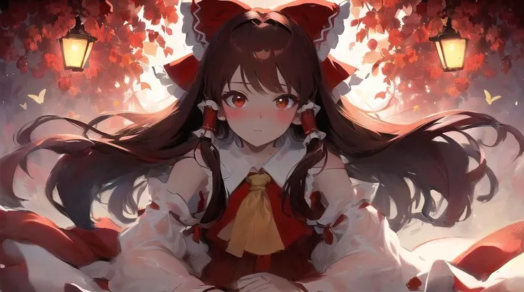 ((masterpiece, best quality)), detailed eyes, vivid color, (1woman, mature), blushing, long hair, red brown hair, beautiful hair, red brown eyes, (reimu hakurei), see-through silhouette, starry sky, field of flowers, butterflies, wind, ((((((red hue, rim l...