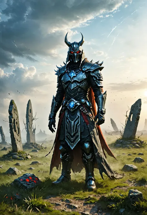 a man in armor standing in a field with a sword