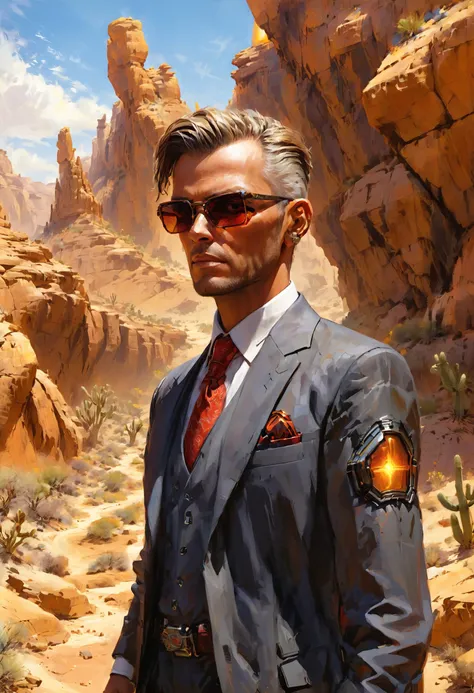 there is a man in a suit and tie standing in the desert