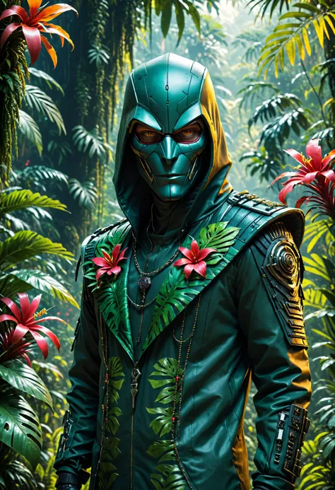 a close up of a person in a green costume in a jungle