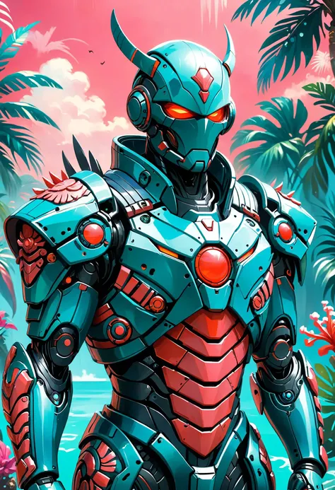 a close up of a robot standing in front of a tropical background