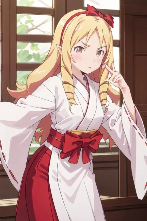 best quality, masterpiece, highres, solo, {white kimono:1.35}, {red hakama:1.35}, {wide sleeves:1.20}, {yamada_elf_eromangasensei:1.15}, blonde_hair, long_hair, blush, drill_hair, brown_eyes, bow, hair_bow, pointy_ears, red_bow, hairband