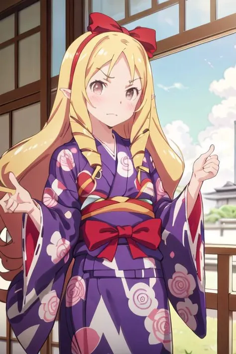 best quality, masterpiece, highres, solo, {yukata:1.40}, {kimono:1.20}, {yamada_elf_eromangasensei:1.15}, blonde_hair, long_hair, blush, drill_hair, brown_eyes, bow, hair_bow, pointy_ears, red_bow, hairband