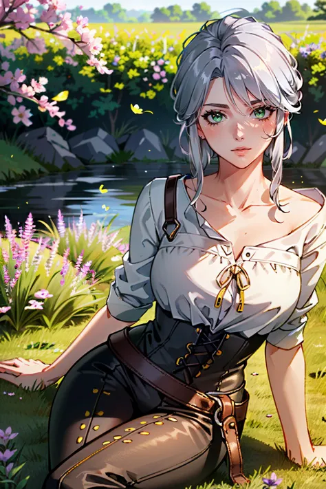 ( masterpiece, best quality, highres:1.3)
 <lora:CiriWitcher:0.7>
CiriWitcher, white hair, green eyes, long hair, lavender field, midday, bright and vibrant with rows of purple blooms