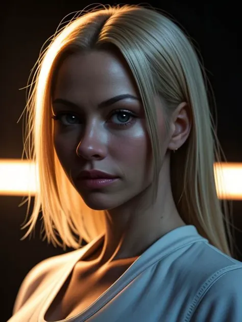 a woman with blonde hair and a white shirt in a dark room