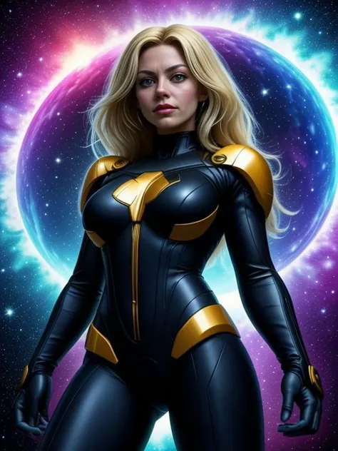 a woman in a black and gold suit standing in front of a galaxy background