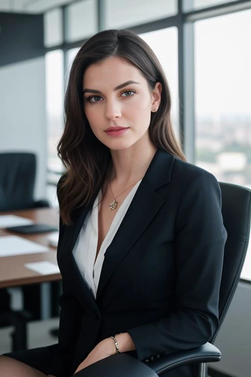 a woman in a black suit sitting in a chair in an office