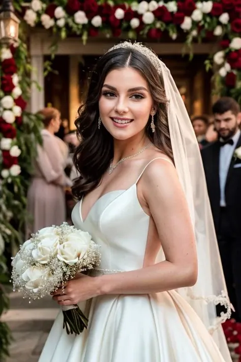 1bride,(elegant white gown:1.3),walking on the red carpet,flashlights,rich and vibrant background,(bouquet of roses:1.2),joyful atmosphere,celebratory crowd,impeccable makeup,(flowing veil:1.1),captivating smile,(upper_body:1.4),,under the spotlight,nice h...