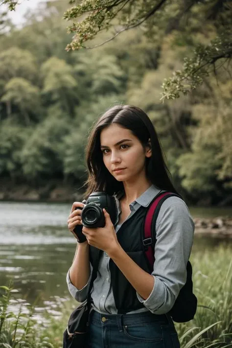 araffe woman holding a camera and taking a picture of a river