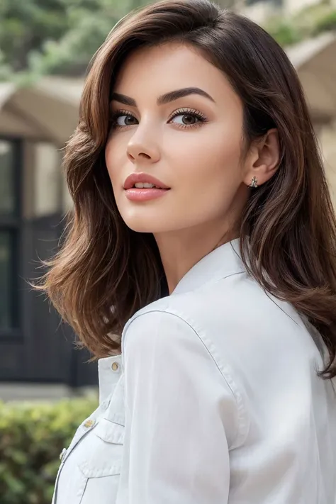 a woman with long hair and a white shirt posing for a picture