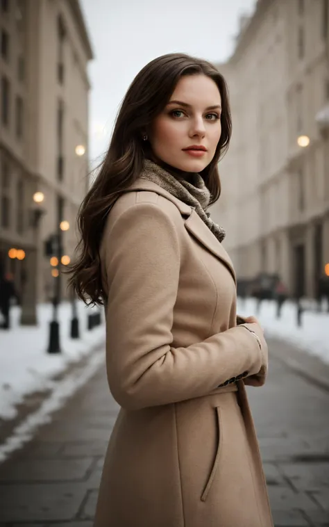 a woman in a coat standing on a snowy street