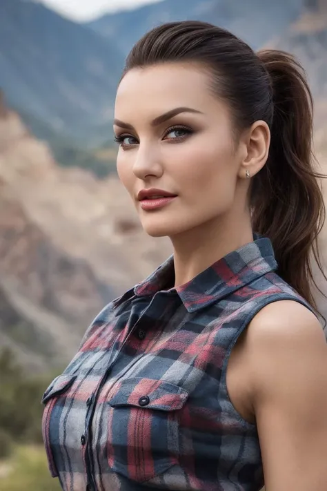 a close up of a woman wearing a plaid shirt and a ponytail