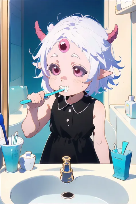 anime girl brushing her teeth in the bathroom with toothbrushes