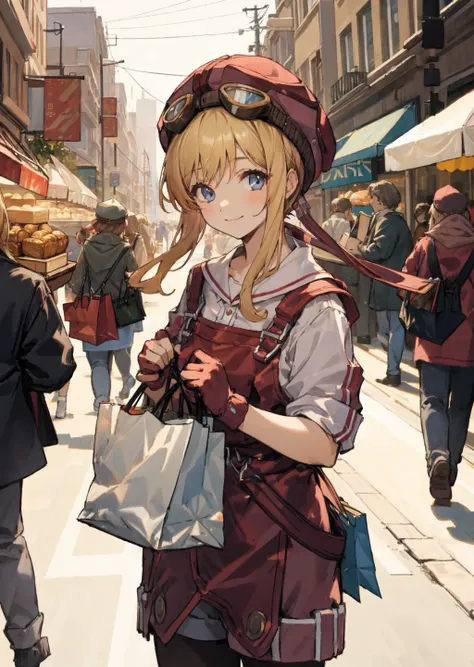 masterpiece:1.2, best quality, 1girl,hat , goggles, smiling, shopping, street market, crowd, holding bread , looking away from viewer <lora:tita:0.8>