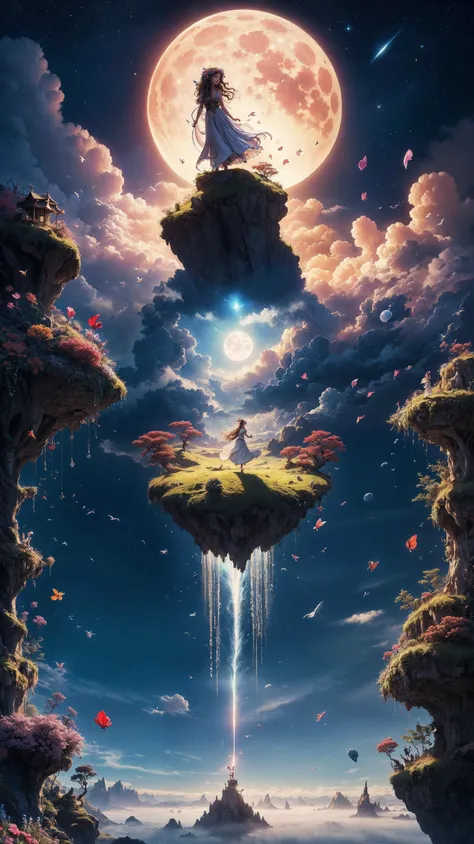 (high quality:1.4), (best quality:1.4), (masterpiece:1.4), official art, official wallpaper, surreal, beautifulgoddess, (1woman:1.1), (long wavy hair:1.1), (flower crown:1.1), (mystical creatures:1.1), (floating islands:1.1), (detailed landscape:1.1), (mag...