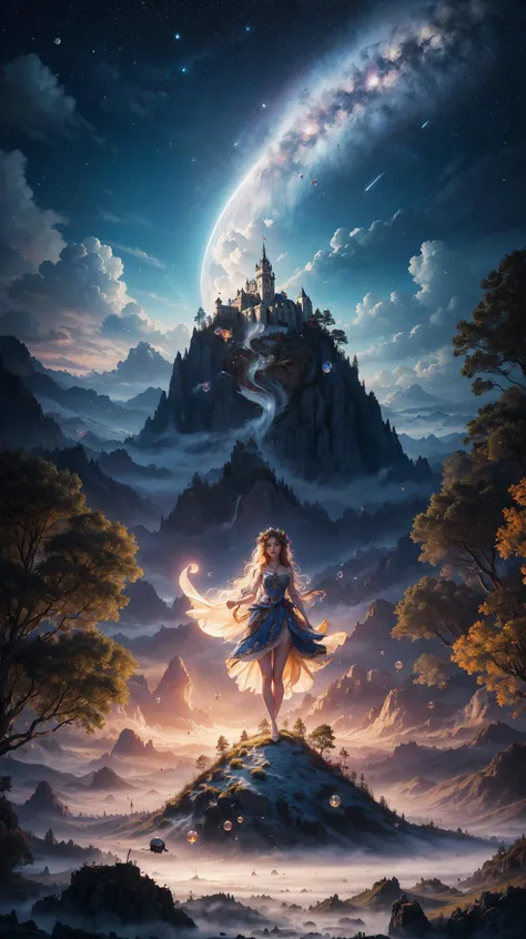 (high quality:1.4), (best quality:1.4), (masterpiece:1.4), official art, official wallpaper, surreal, beautifulgoddess, (1woman:1.1), (long wavy hair:1.1), (flower crown:1.1), (mystical creatures:1.1), (floating islands:1.1), (detailed landscape:1.1), (mag...