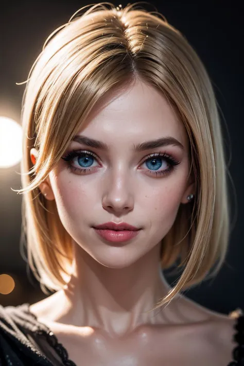 an eye contact of a Russian woman, yellow spotlight, lonely, Lavish, Matte black eyeshadow with a cut crease, metallic lipstick, golden ratio, Almond-shaped eyes, indietronica, soft lighting, bokeh, blue eyes, smile, hand in hair