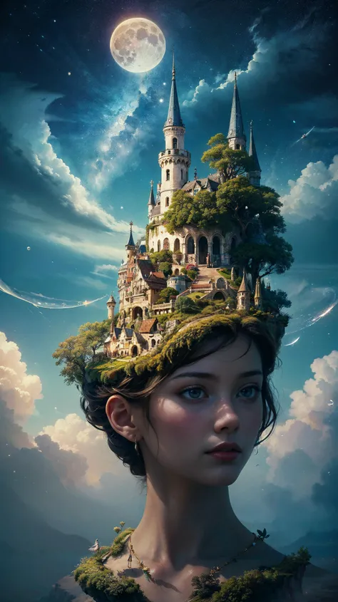 (high quality:1.4), (best quality:1.4), (masterpiece:1.4), official art, official wallpaper, surreal, beautifulgoddess, (1woman:1.1), (long wavy hair:1.1), (flower crown:1.1), (mystical creatures:1.1), (floating islands:1.1), (detailed landscape:1.1), (mag...