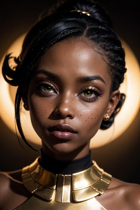 an eye contact of a Ugandan woman, (black skin:1.3), yellow spotlight, dark theme, lonely, Lavish, Matte black eyeshadow with a cut crease, metallic lipstick, golden ratio, Almond-shaped eyes, Freckles, indietronica, soft lighting, bokeh