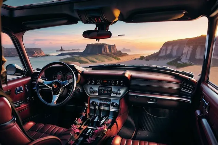 a close up of a car dashboard with a view of the ocean