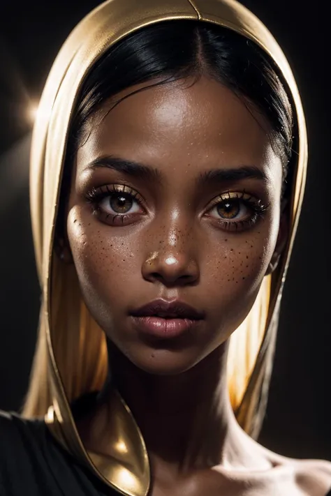 an eye contact of a Ugandan woman, (black skin:1.3), yellow spotlight, dark theme, lonely, Lavish, Matte black eyeshadow with a cut crease, metallic lipstick, golden ratio, Almond-shaped eyes, Freckles, indietronica, soft lighting, bokeh