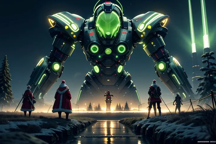 ai santa overlord pulling the strings on santa claus, giant ai monolith, dystopian background, cyber punk, neon, green, (masterpiece, best quality, highres, high resolution:1.2), extremely detailed, realistic, intricate details