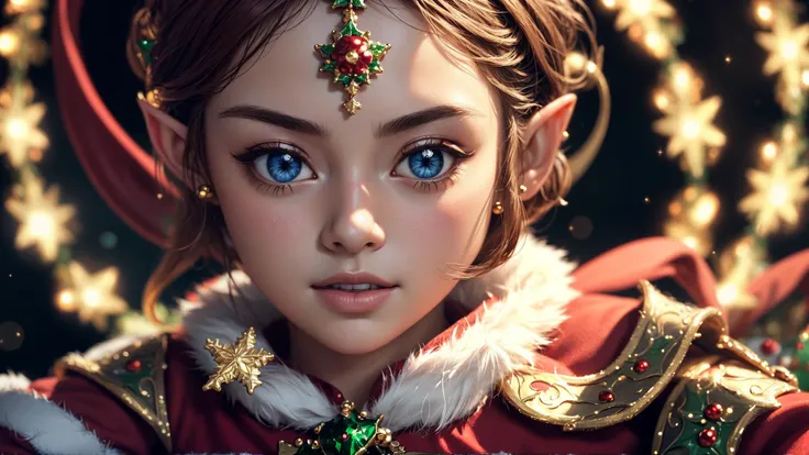 (extremely detailed closeup, high quality, best quality, masterpiece:1.2), official art, official wallpaper,  (cute elf, santa, christmas:1.2)  (detailed:1.05), (extremely detailed:1.06), sharp focus, (intricate:1.03), (extremely intricate:1.04), (epic sce...