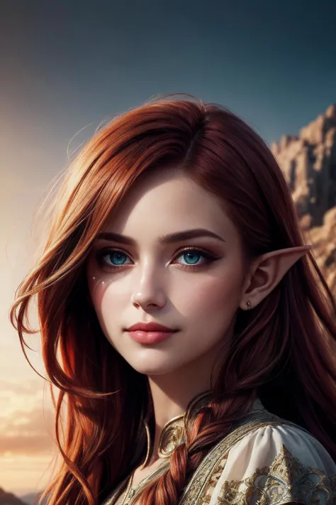 closed up, (High Quality:1.1), (Best Quality:1.1), (masterpiece:1.1), official art, official wallpaper, 4k textures, 
25 year old young, elf, (pointy ears:1.2), (reddish hair:1.3), almond eyes, (green eyes), [long hair], [wavy hair], (eyeshadow:1.1), 162cm...