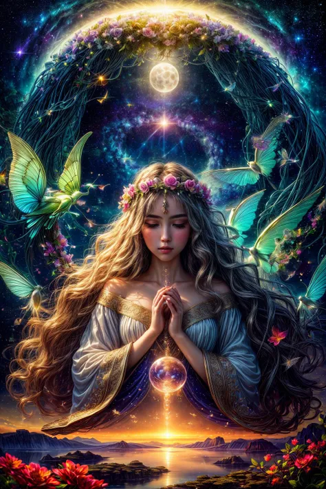 (high quality full body shot:1.2), (best quality:1.2), (masterpiece:1.2), official art, official wallpaper, surreal, beautifulgoddess, (woman:1.1), (long wavy hair:1.1), (flower crown:1.1), (celestial:1.2), (divine:1.2), (mystical creatures:1.1), (floating...