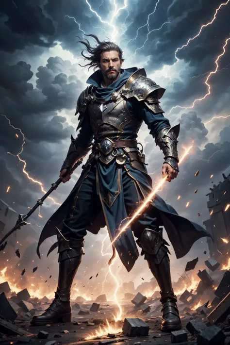 a man in armor holding a sword standing in front of a storm