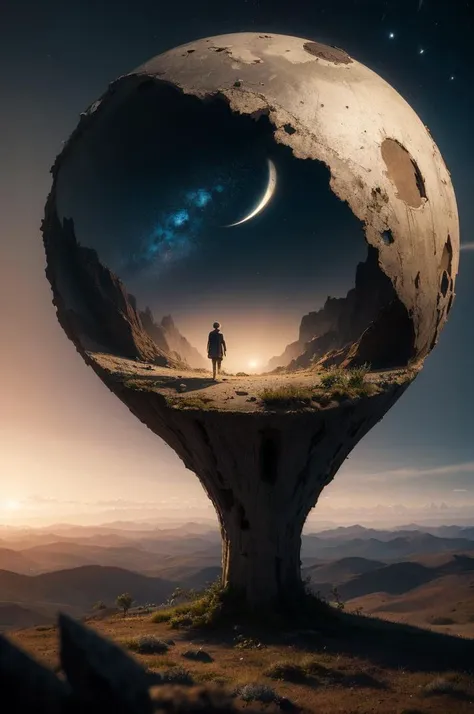 a man standing on top of a hill looking at a moon