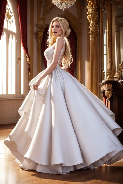 (wearing a large white ball gown, wedding dress, intricate dress, beautiful dress, disney dress), (inside a castles ball room:1.3)(Dancing), (From a low-angle perspective, looking upwards), (With feet placed together and arms wide open, she tilts her head ...