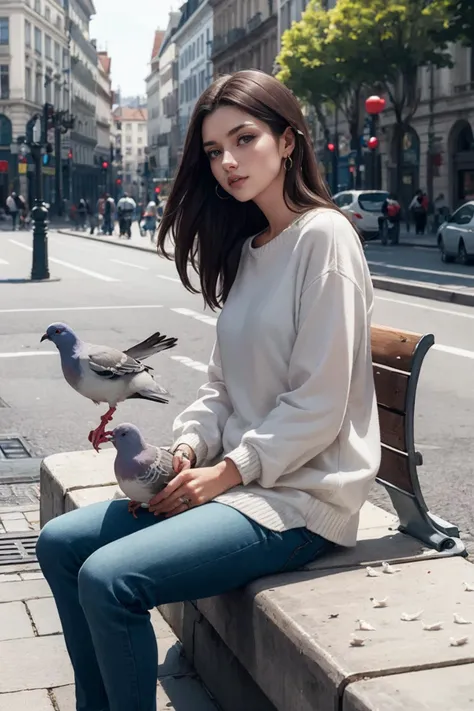 masterpiece, best quality, high quality, detailed, a woman sitting on a bench in the square, feeding pigeons,