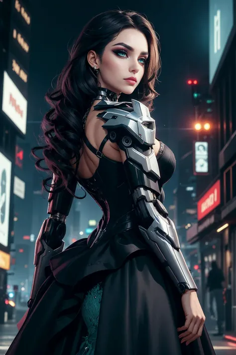 Techwear fashion (closed mouth:1.3), choker, (edgmecha:1.4), a woman in a [mecha suit|ballgown]:0.5 standing in front of a city at night, (ballgown:1.4), <lora:edgRoboGown:1>, from behind,, (masterpiece, high quality, best quality:1.3), Detailed, (beautifu...