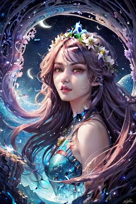 (high quality:1.4), (best quality:1.4), (masterpiece:1.4), official art, official wallpaper, surreal, beautifulgoddess, (1woman:1.1), (long wavy hair:1.1), (flower crown:1.1), (mystical creatures:1.1), (floating islands:1.1), (detailed landscape:1.1), (mag...