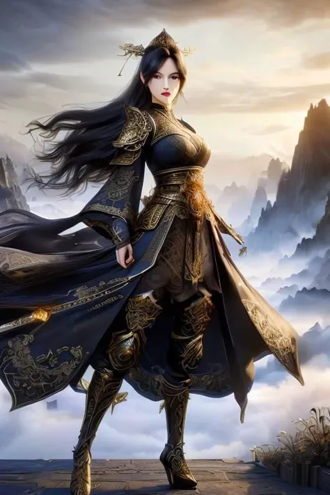 a woman in a black dress and gold armor standing on a mountain