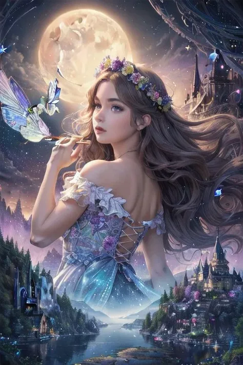 a woman in a fairy dress holding a fairy wand and flying a butterfly