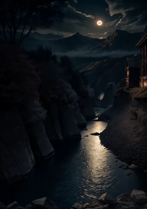 a dark night scene with a house and a river