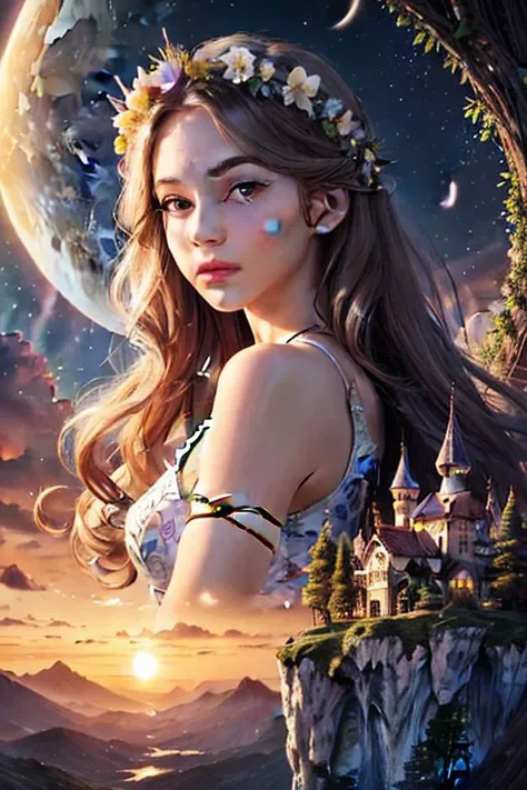 (high quality:1.4), (best quality:1.4), (masterpiece:1.4), official art, official wallpaper, surreal, beautifulgoddess, (1woman:1.1), (long wavy hair:1.1), (flower crown:1.1), (mystical creatures:1.1), (floating islands:1.1), (detailed landscape:1.1), (mag...