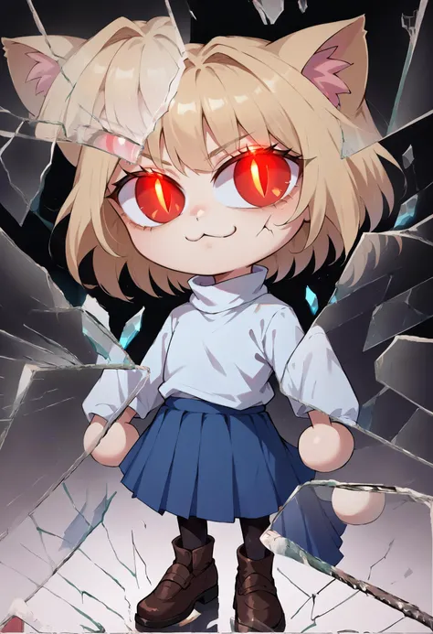 score_9, score_8_up, score_7_up, score_6_up, BREAK  IncrsXLBrknGls,broken glass, reflection, slit pupils,necoarc, chibi, :3,cat ears, blonde hair, red eyes,glowing eyes,black background,turtleneck, blue skirt, pleated skirt, pantyhose, brown footwear <lora...