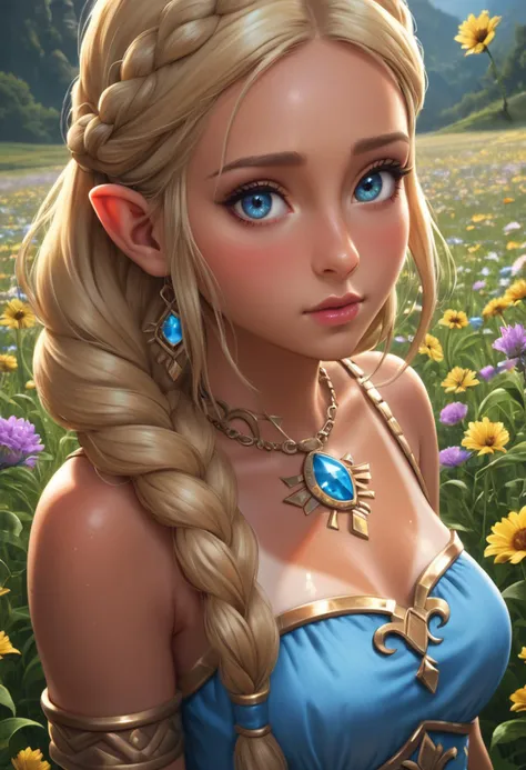 a woman with long blonde hair and blue eyes in a field of flowers