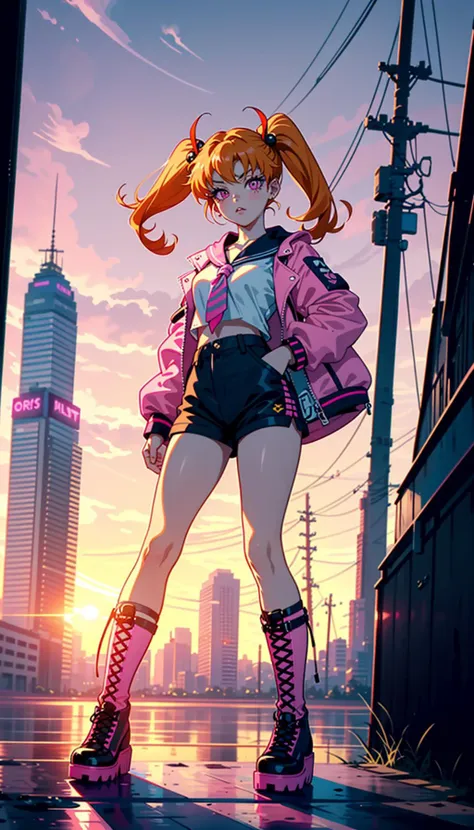 a woman in a pink jacket and black shorts standing on a city street