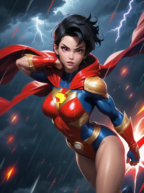 muscular lady in superman costume flying in sky, short black hair, red cape, glowing red eyes, arms up, storm, dark clouds, lightning, night, lightning, rain, particles