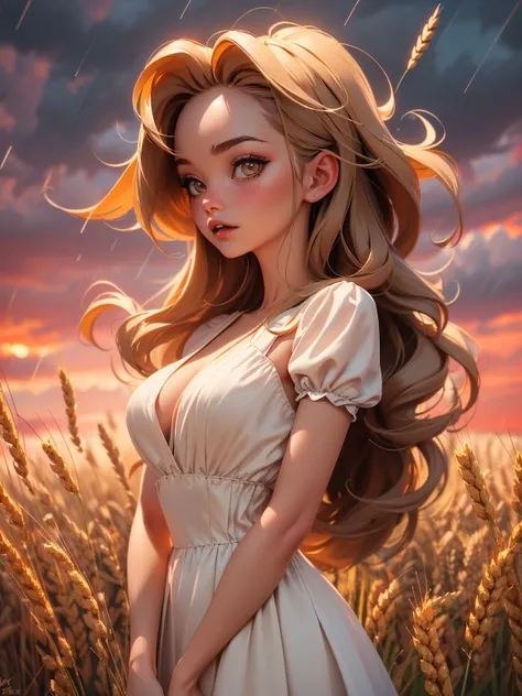 (masterpiece, best quality, high quality, natural lighting, grainy:1.1), adult girl with golden long hair standing on field full of golden wheat, dusk, clear sky, sun shining low, small rain, summer dress with golden lines, medium breast,