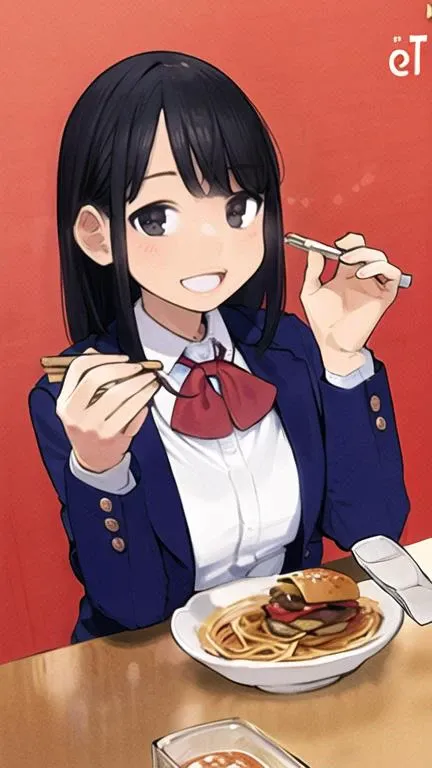 masterpiece, best quality, ultra-detailed, illustration, 1girl, upper body, yomu (sgt epper), <lora:YomStyle:1>
black hair, long hair, school uniform, blazer,  <lora:ramen_v1.4:1>, chopsticks, spaghetti strap, burger,