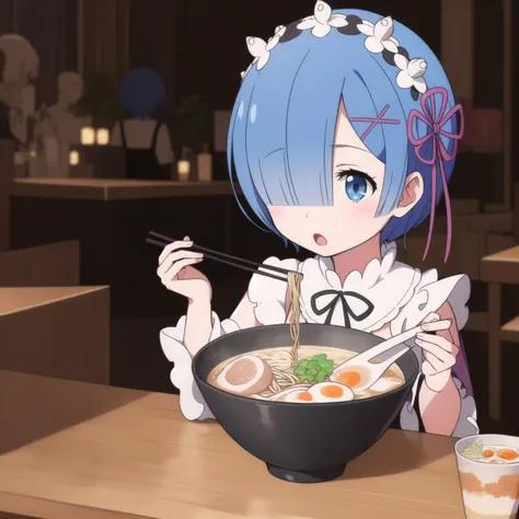 anime, hdr, soft light, ((best quality)), ((masterpiece)), (detailed), <lora:RemV1:0.6> rem_(re_zero), hair over one eye, :o, ((ramen)), chopstick, tavern, <lora:ramen_v3:1> <lora:maplestory20:0.2> <lora:boldline2:0>